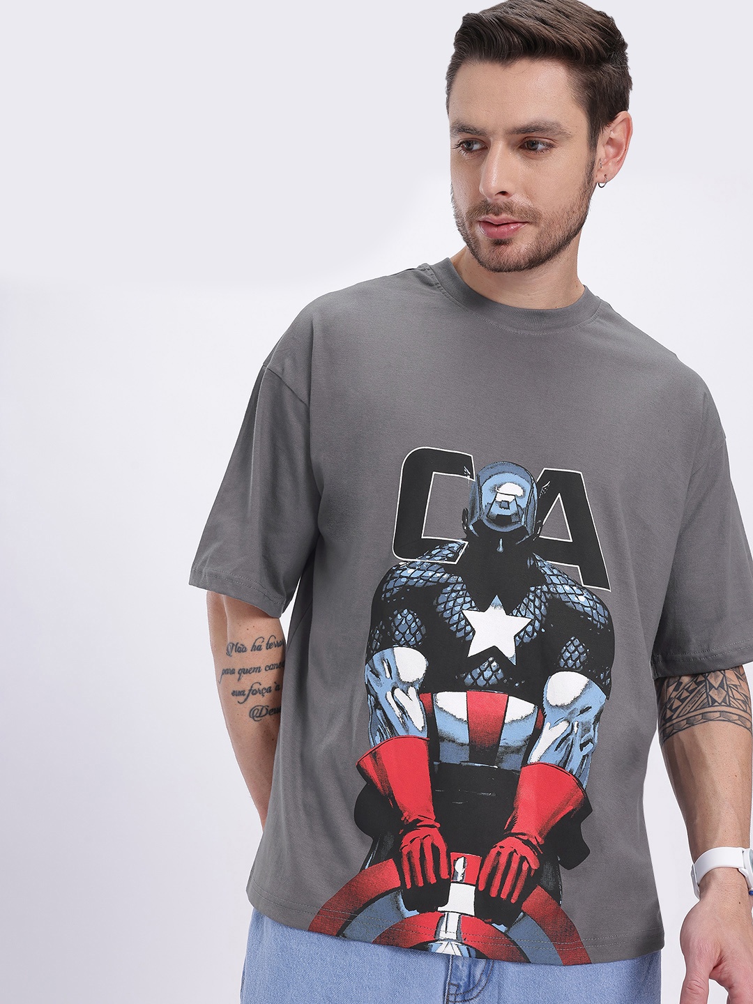 

glitchez Street Ease Captain America Print Oversize T-shirt, Grey
