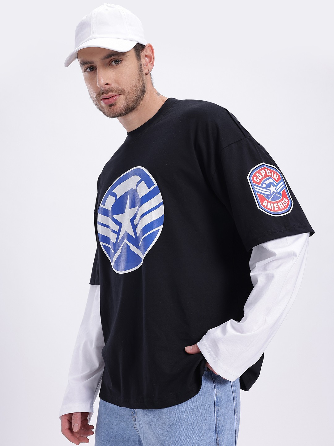 

glitchez Comic Crew Printed Super Loose Doctor Sleeve T-shirt, Black