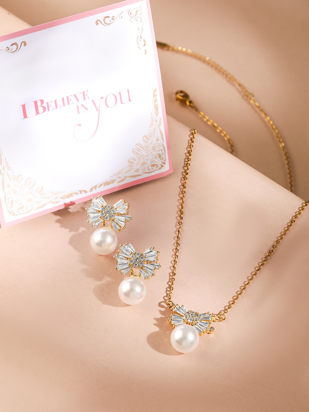 

Rubans Valentine's 18K Gold-Plated Pearl and Crystal Bow Pendant Necklace and Earrings