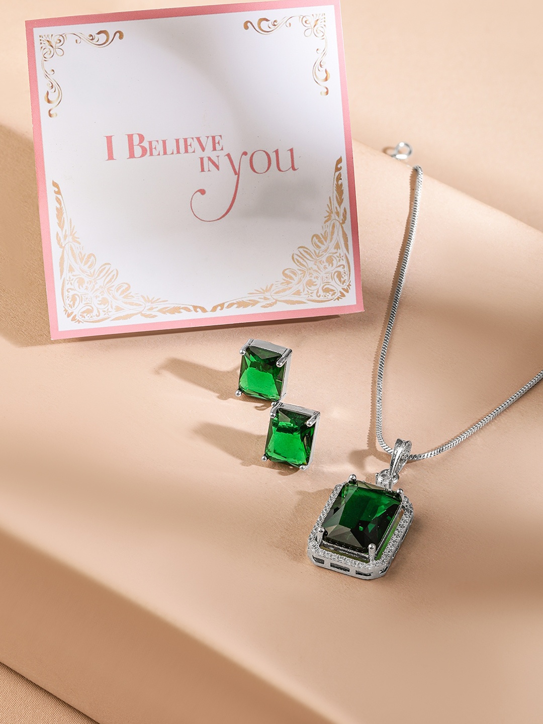

Rubans Valentine's Luxurious Rhodium-Plated Emerald & CZ Studded Pendant Necklace Set, Silver