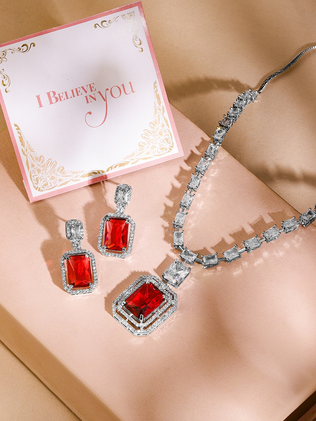 

Rubans Valentine's Rhodium-Plated Ruby Red & White Cubic Zirconia Studded Necklace Set, Silver