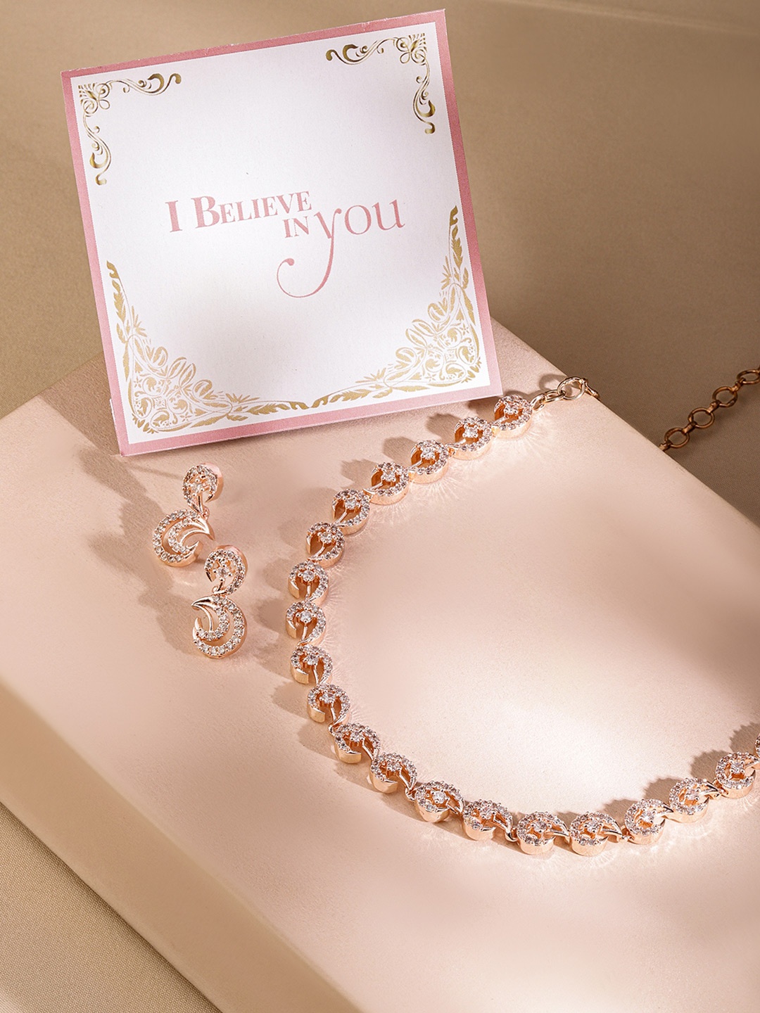 

Rubans Valentine's Rose Gold-Plated White CZ-Studded Jewellery Set