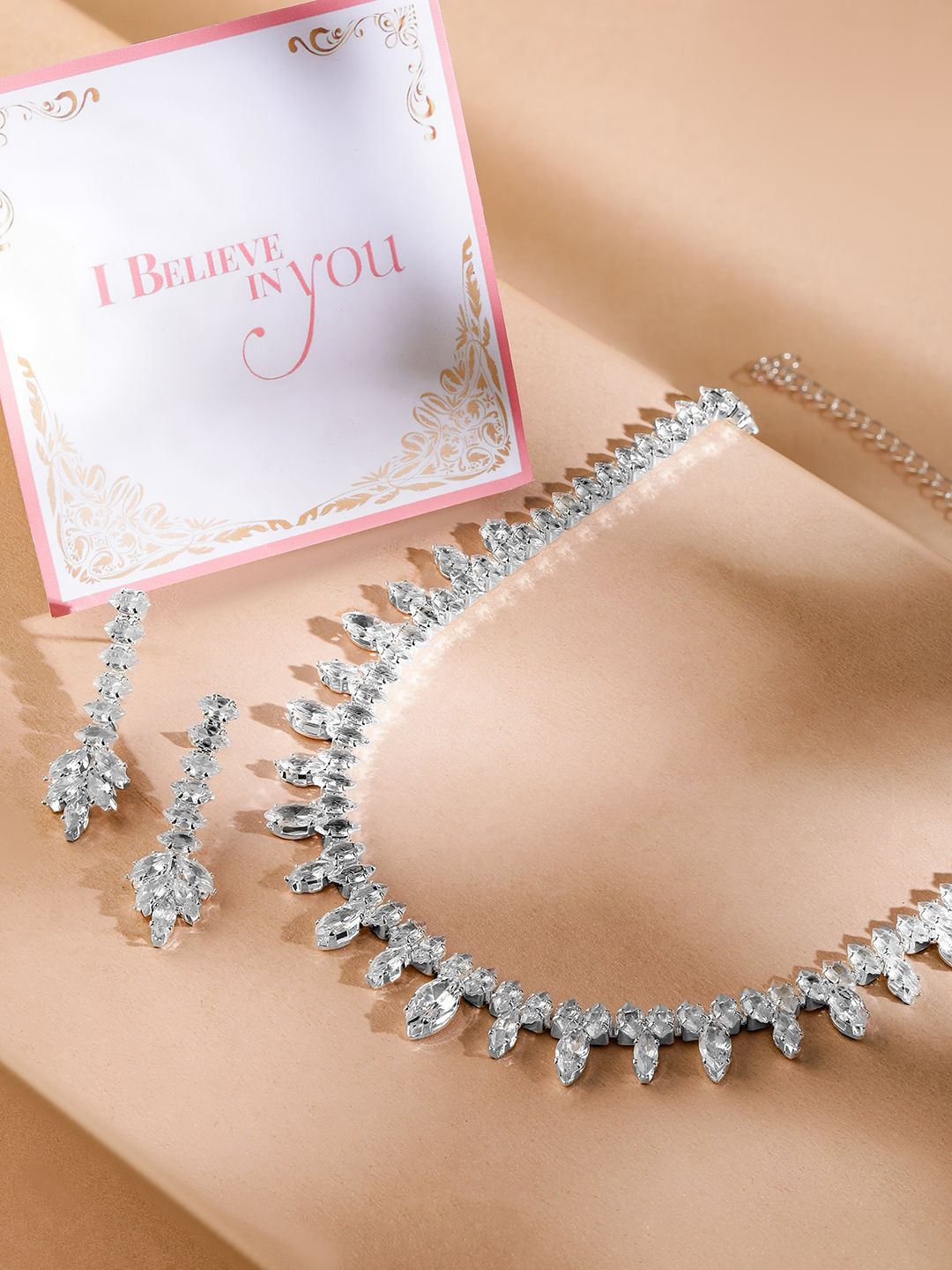

Rubans Valentine's Rhodium-Plated Crystal Necklace and Earring Set, Silver