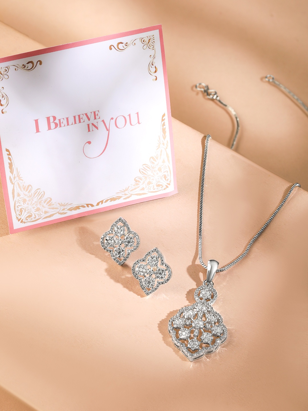 

Rubans Valentine's Rhodium-Plated White Cubic Zirconia Studded Pendant Necklace Set, Silver
