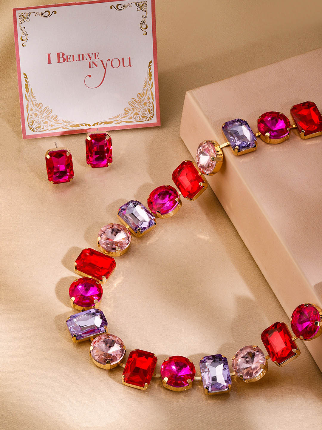 

Rubans Valentine's 18K Gold Plated Multicolor Crystal AD Studded Statement Necklace Set