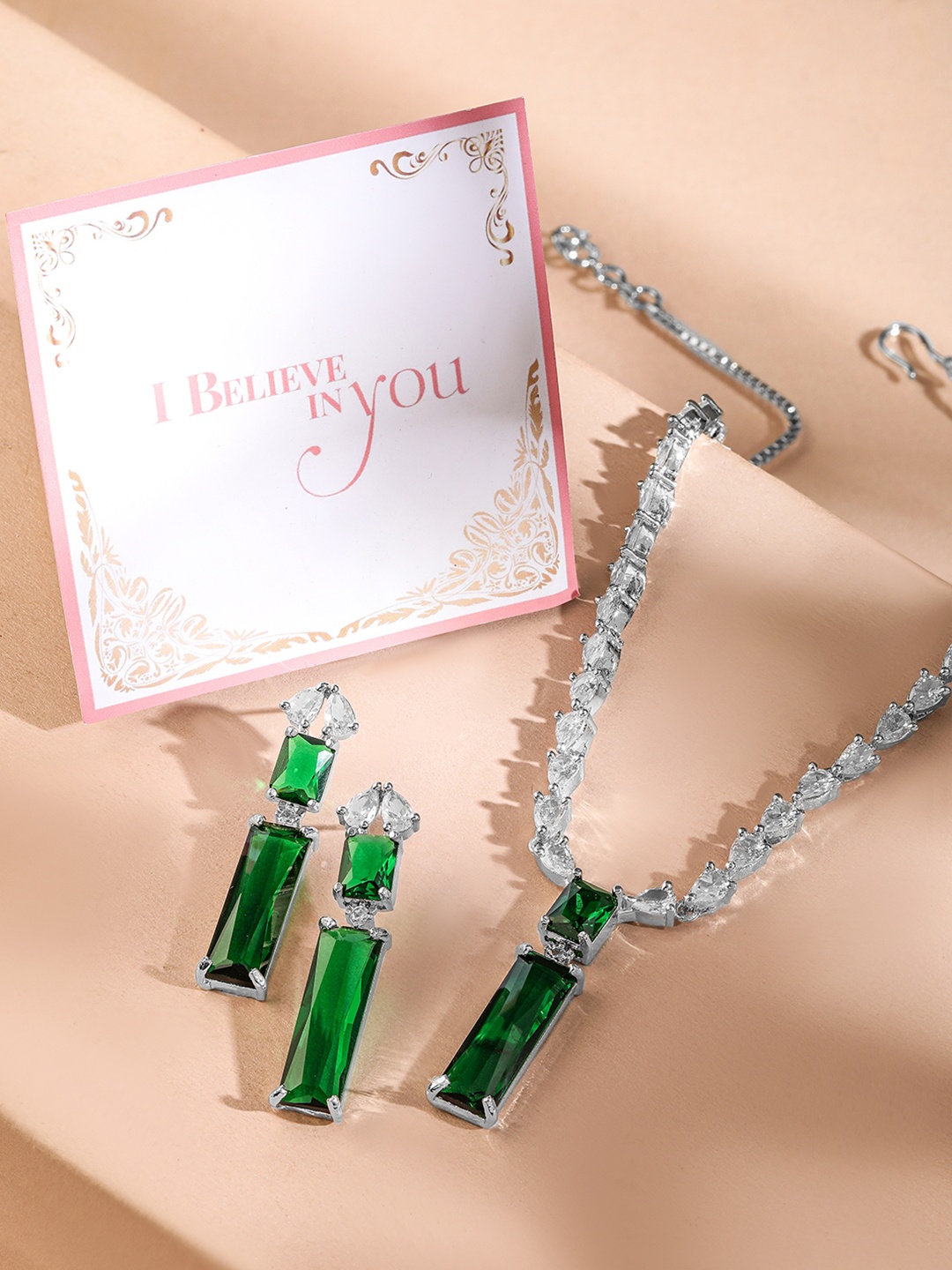 

Rubans Valentine's Rhodium Plated Emerald Green & White CZ Necklace with Earrings, Silver
