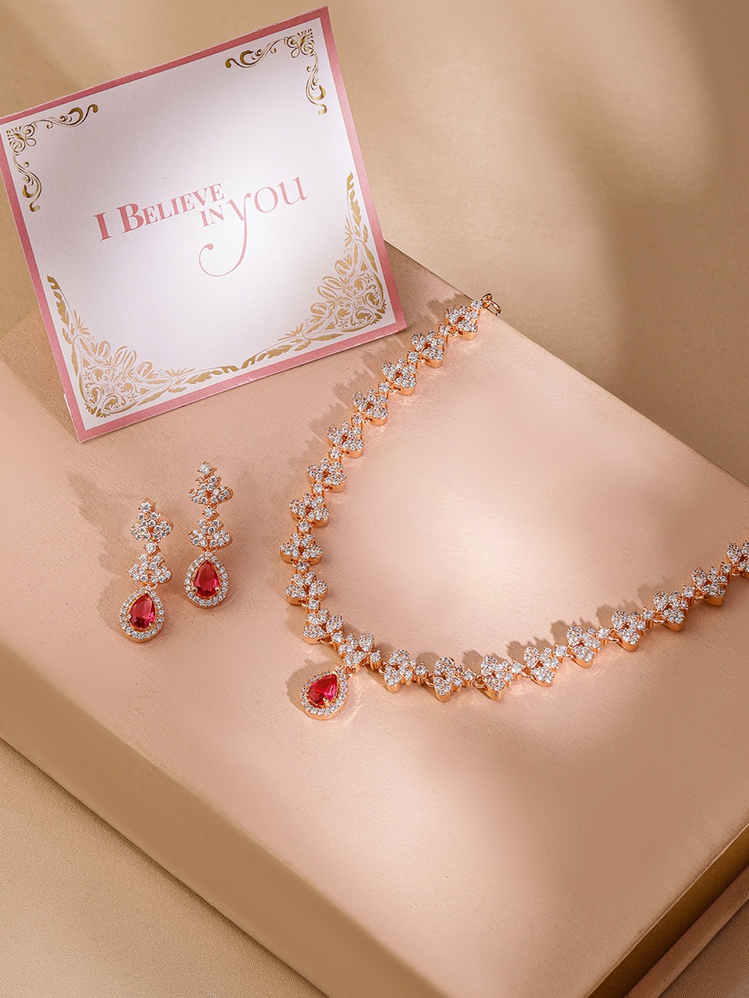 

Rubans Valentine's Gold-Plated White & Pink CZ-Studded Handcrafted Jewellery Set