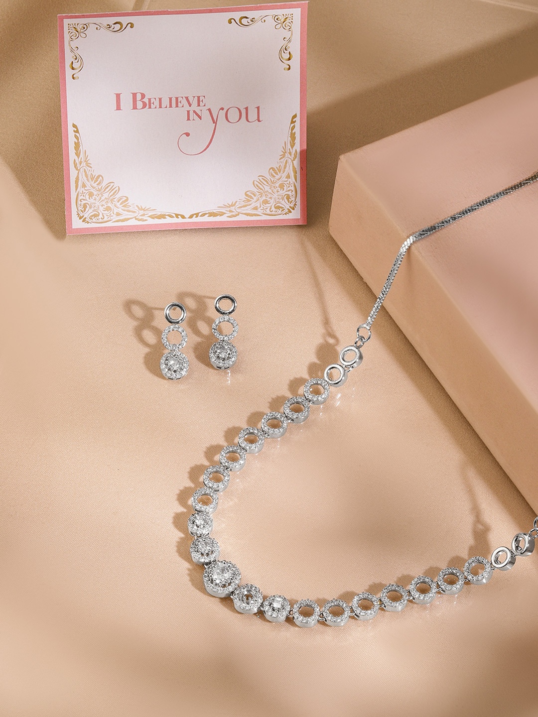 

Rubans Valentine's Rodium-Plated CZ-Studded Minimal Jewellery Set, Silver