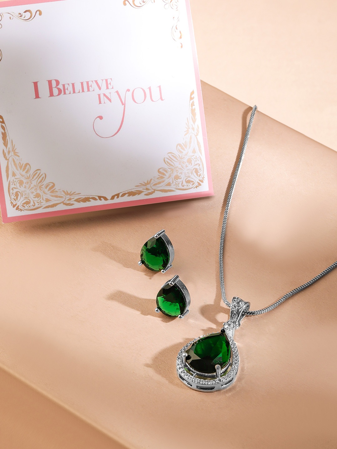 

Rubans Valentine's Rhodium-Plated Emerald & CZ Studded Premium Pendant Necklace Set, Silver