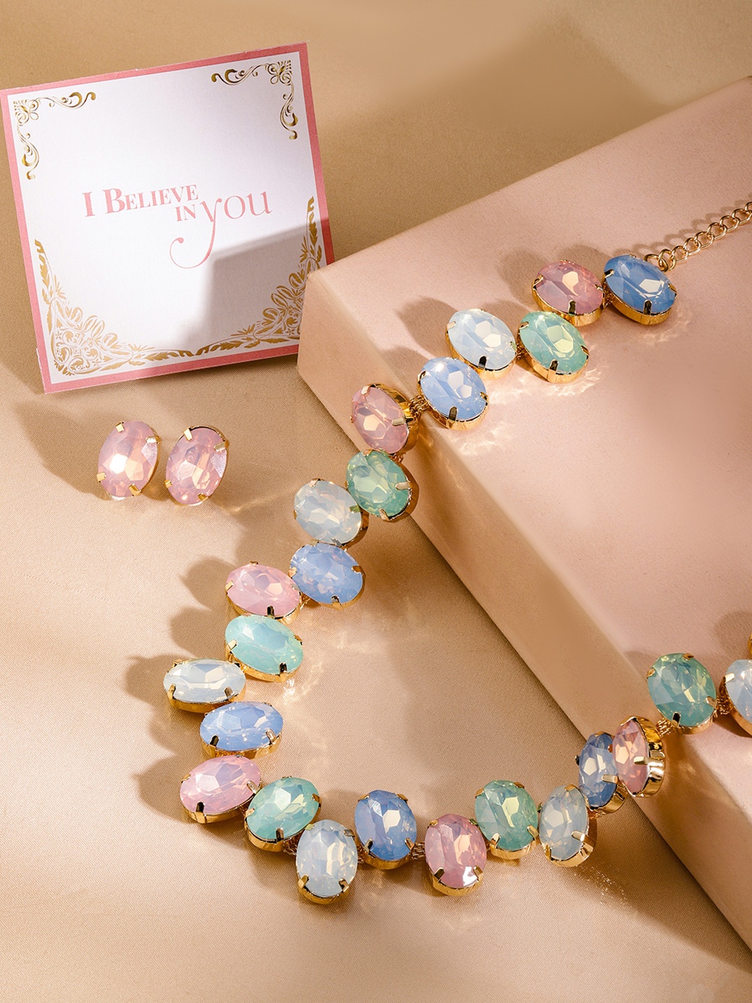 

Rubans Valentine's 18K Gold-Plated Pastel Blue & Pink Faceted Oval Gemstone Necklace Set