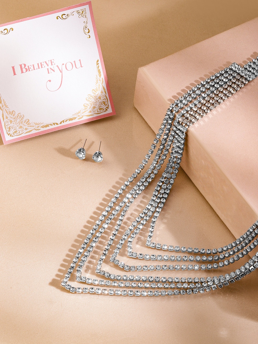 

Rubans Valentine's Rhodium-Plated Crystal-Studded Multi-Layered Necklace & Earring Set, Silver