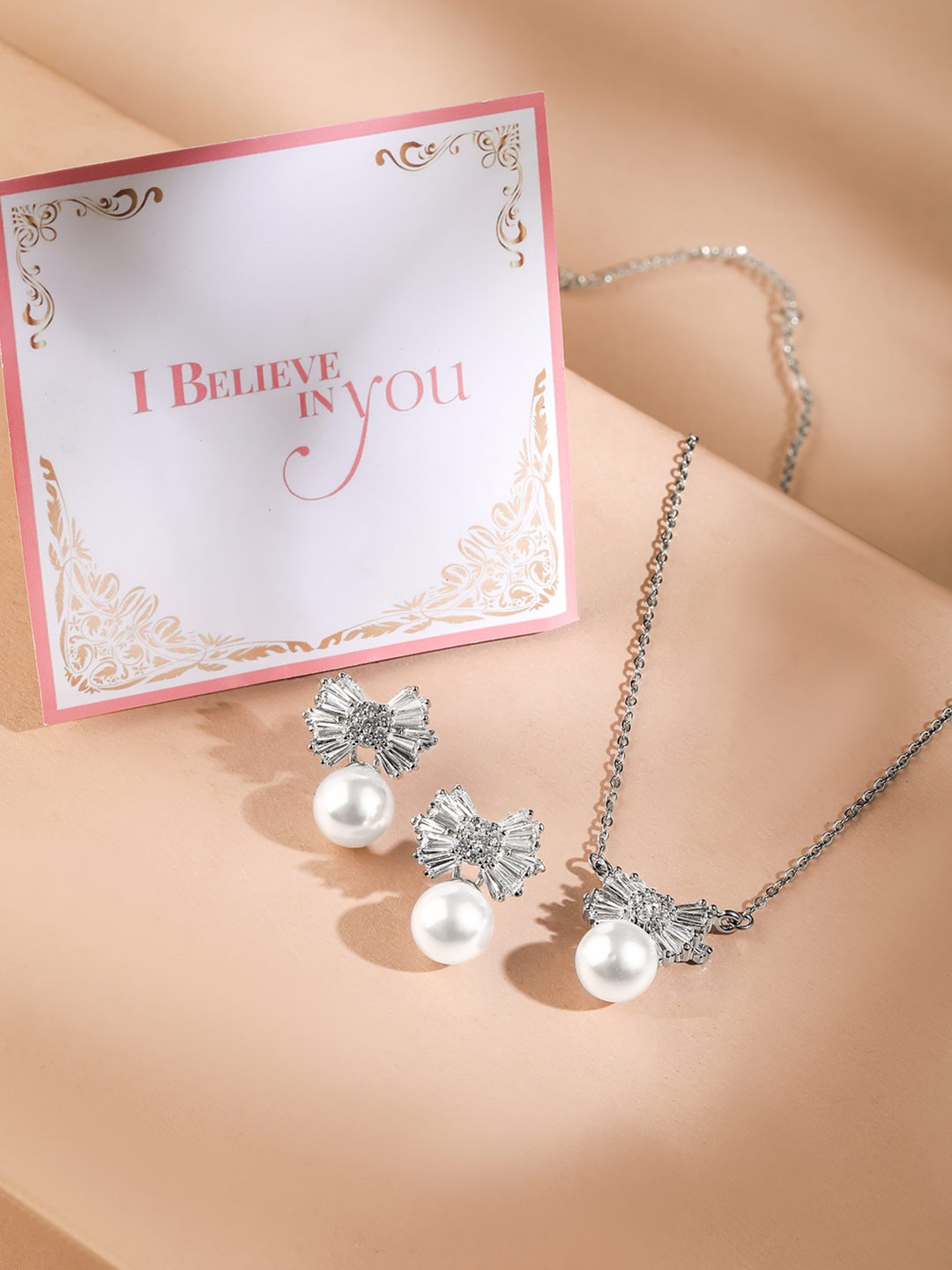 

Rubans Valentine's Rhodium-Plated Pearl and Crystal Bow Pendant Necklace and Earrings, Silver