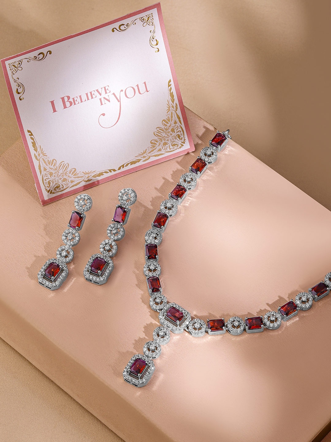 

Rubans Valentine's Rhodium Plated Ruby & CZ Studded Drop Jewellery Set, Silver