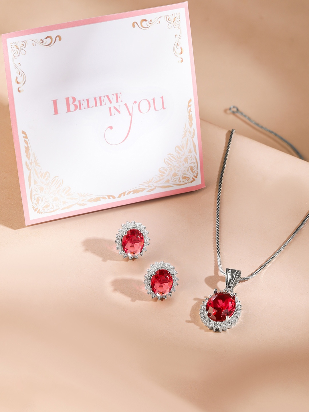 

Rubans Valentine's Rhodium-Plated CZ-Studded Pendent Pendant & Earrings, Silver