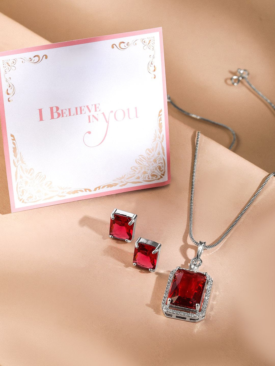 

Rubans Valentine's Rhodium-Plated Ruby & CZ Studded Pendant Necklace Set, Silver