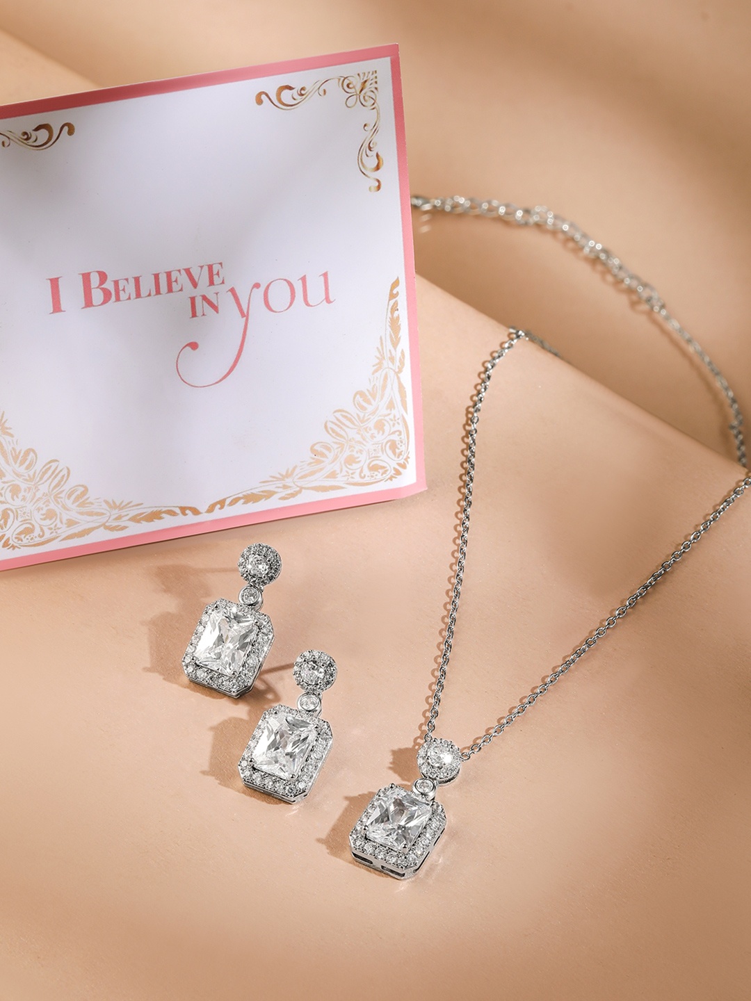 

Rubans Valentine's Rhodium Plated AD & Cubic Zirconia Studded Premium Pendant Necklace Set, Silver