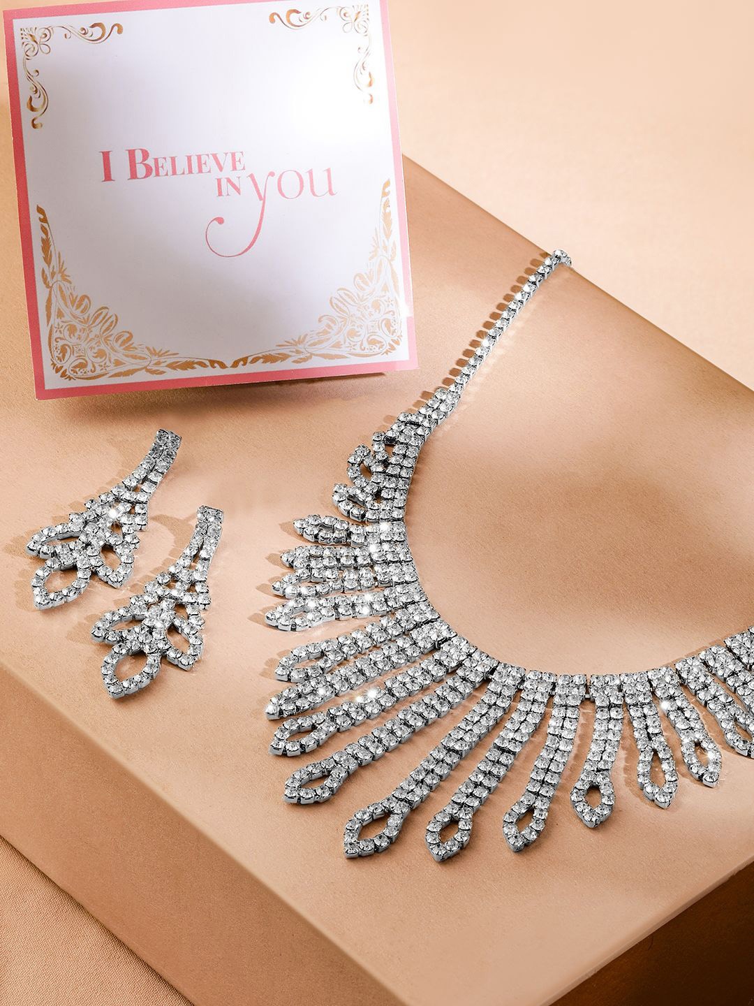 

Rubans Valentine's Rhodium Plated AD & CZ Necklace with Droplet Design Earrings, Silver