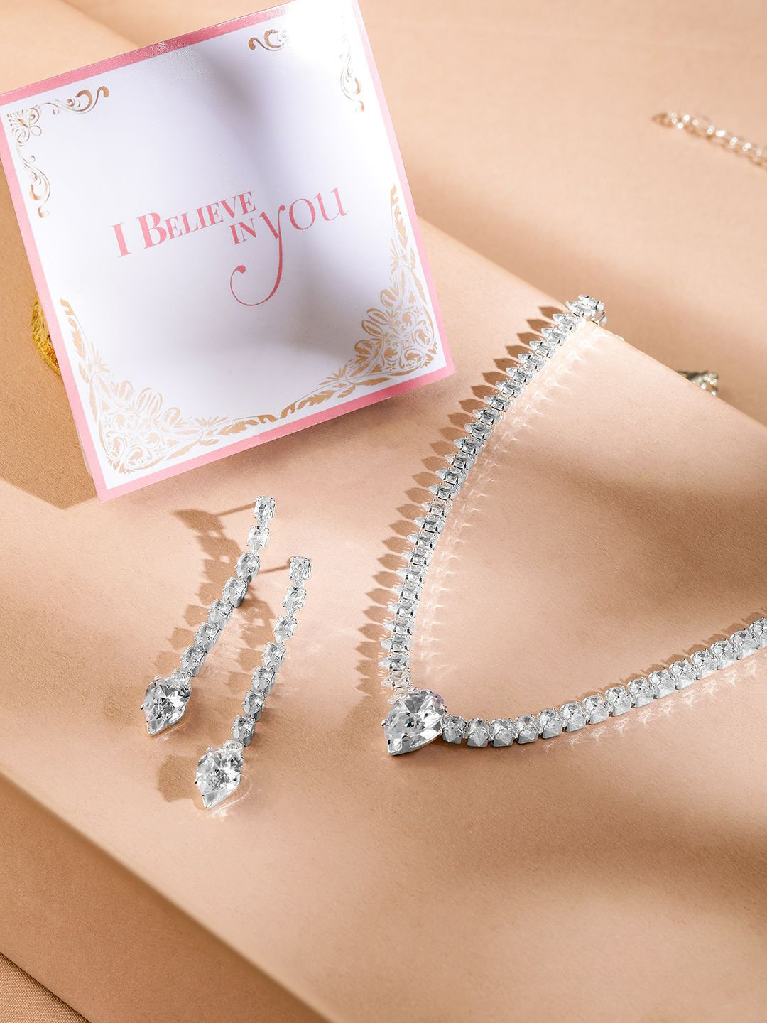 

Rubans Valentine's Rhodium-Plated AD & Cubic Zirconia Studded Teardrop Necklace Set, Silver
