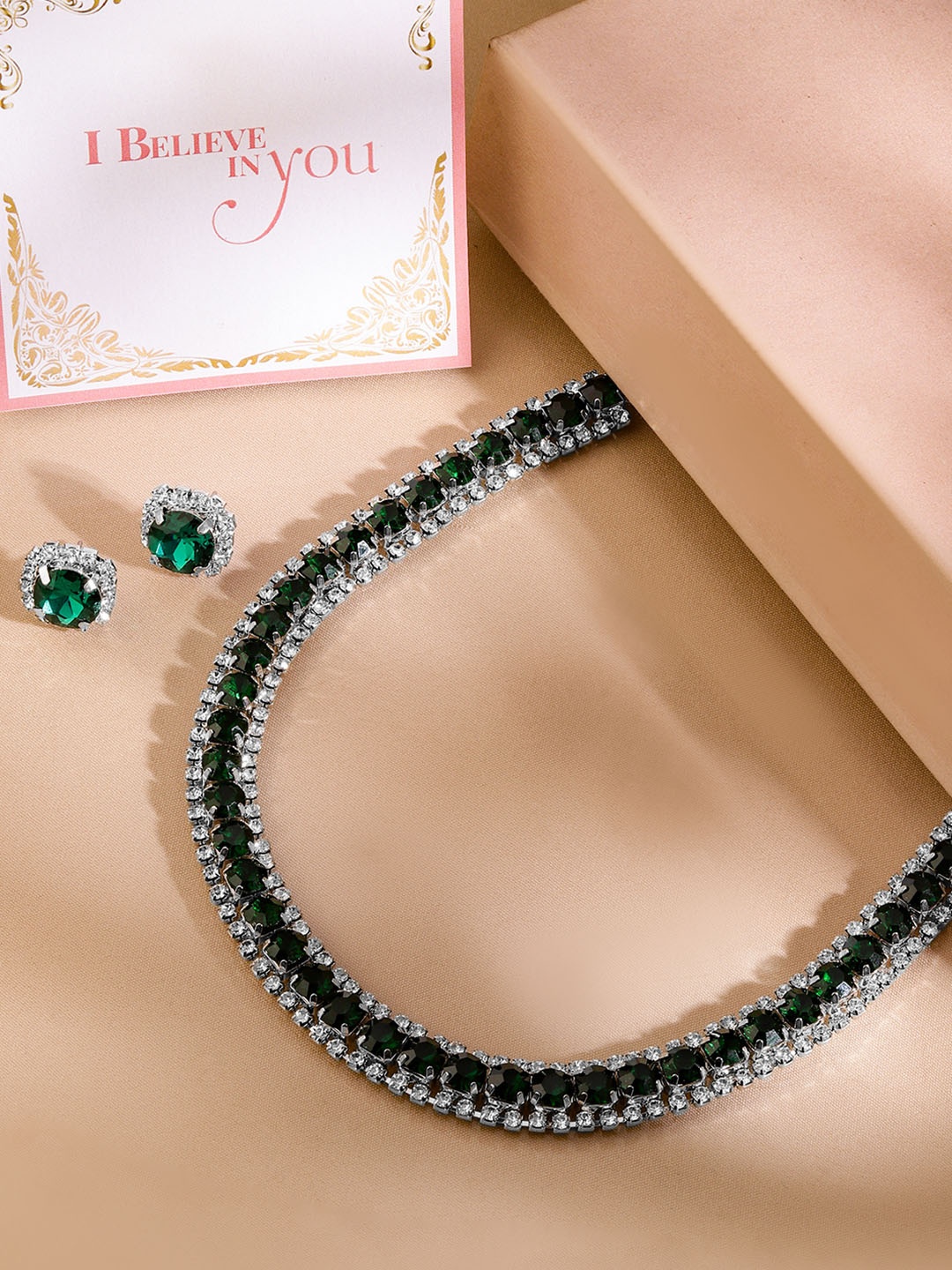 

Rubans Valentine's Rhodium Plated Emerald & White Cubic Zirconia Choker Necklace Set, Silver