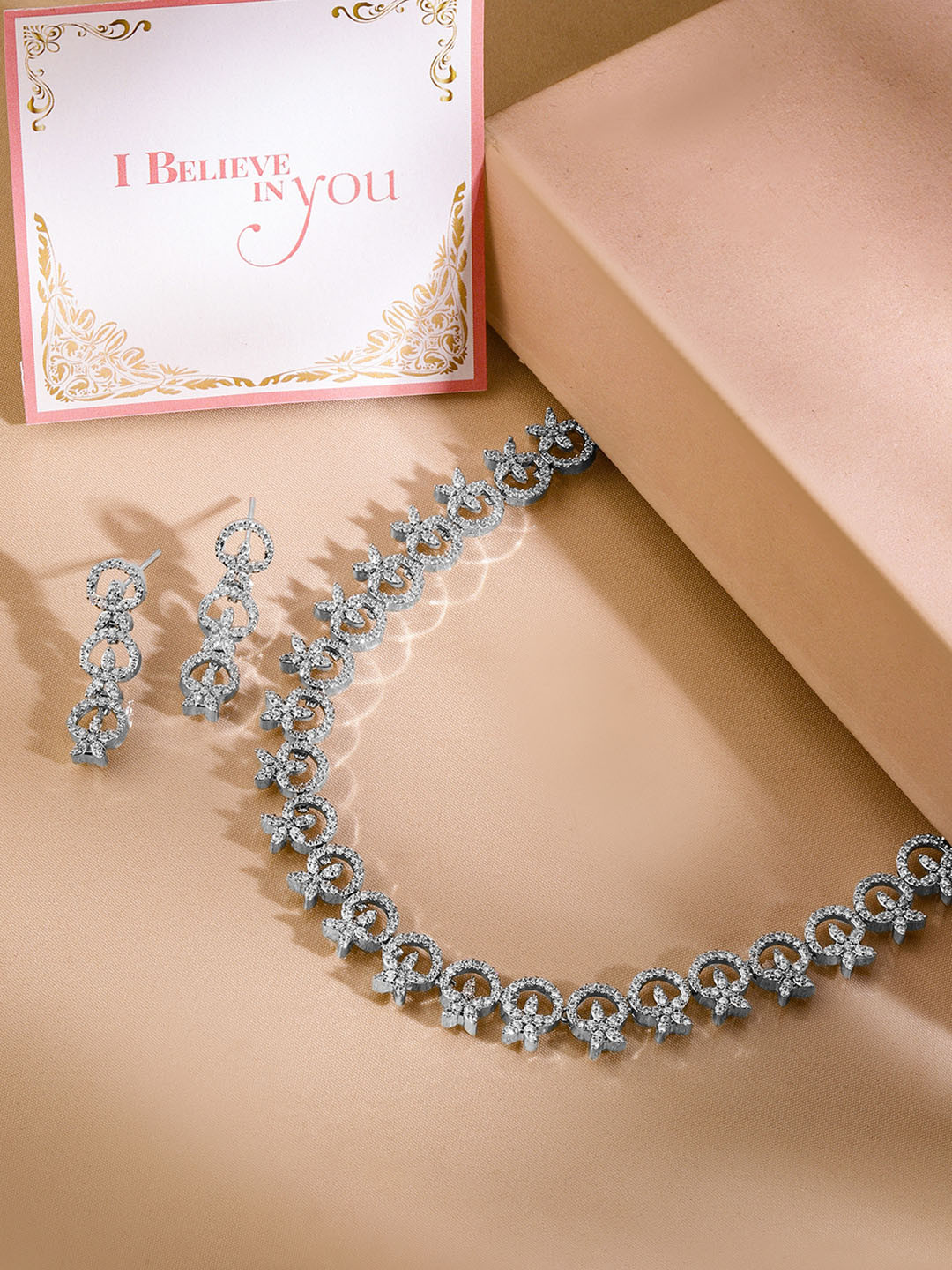 

Rubans Valentine's Rhodium Plated Cubic Zirconia Studded Jewellery Set, Silver