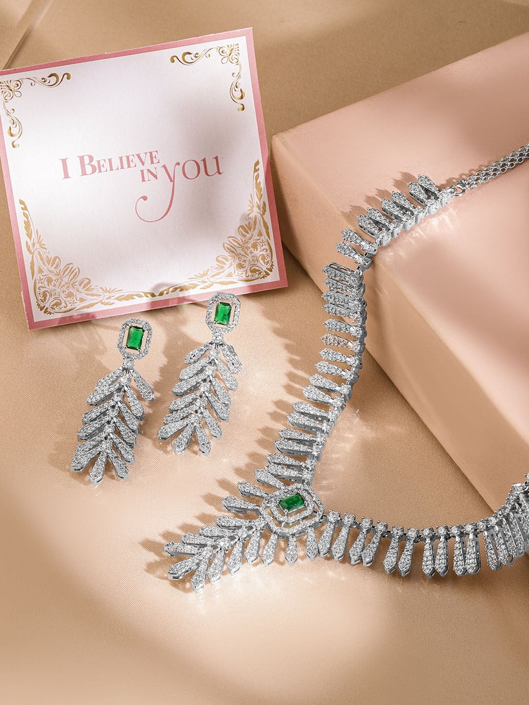 

Rubans Valentine's Rhodium-Plated Cubic Zirconia Stone Studded Jewellery Set, Silver