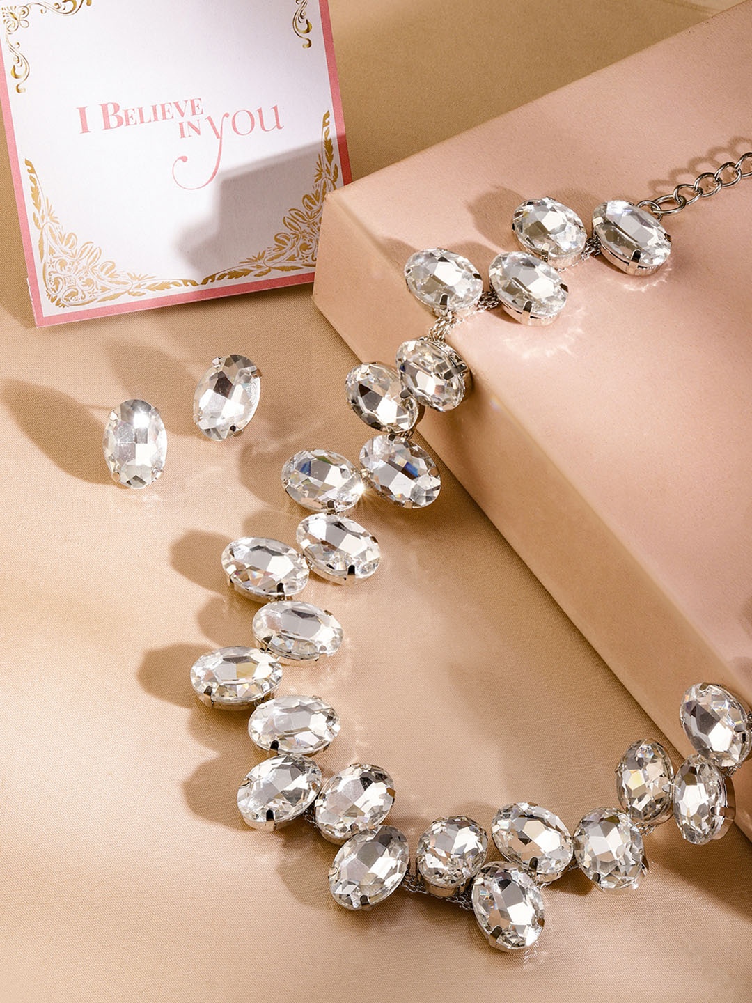 

Rubans Valentine's Silver Plated White Crystal Studded Jewellery Set