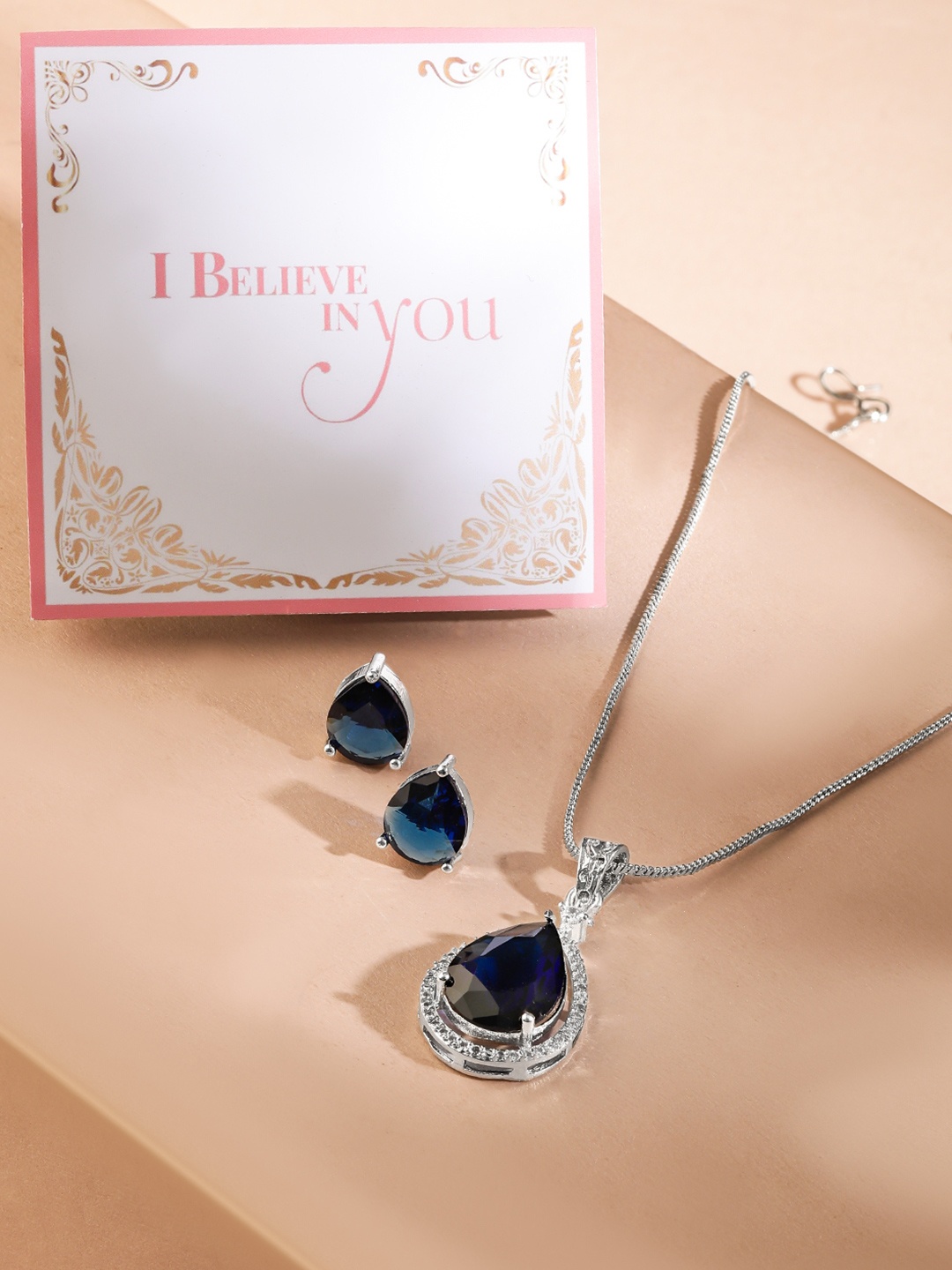 

Rubans Valentine's Rhodium-Plated Blue Sapphire & CZ Studded Pendant Jewellery Set, Silver