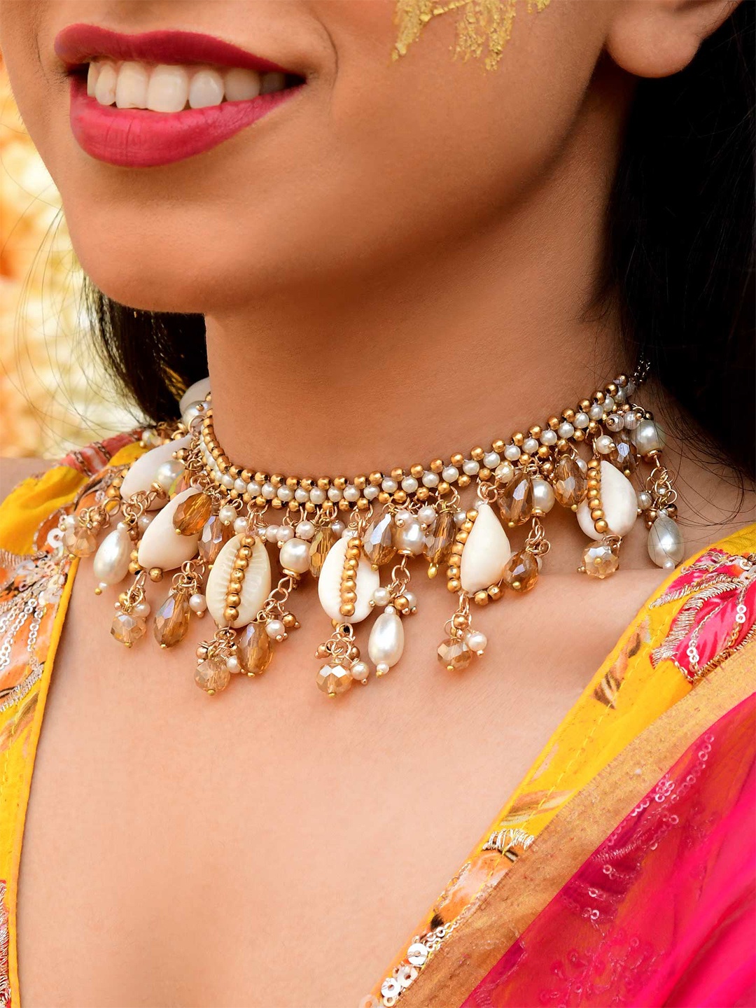 

EVERSTYLISH Beads, Shells & Glass Drops Embroidered Neckpiece, Gold