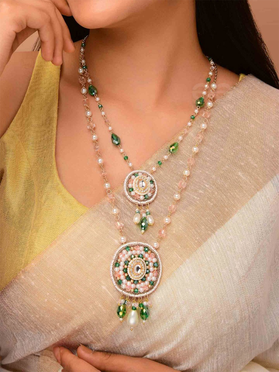 

EVERSTYLISH Sanjoya Beads, Glass Drops, Polki & Kundan Finished Embroidered Neckpiece, Gold