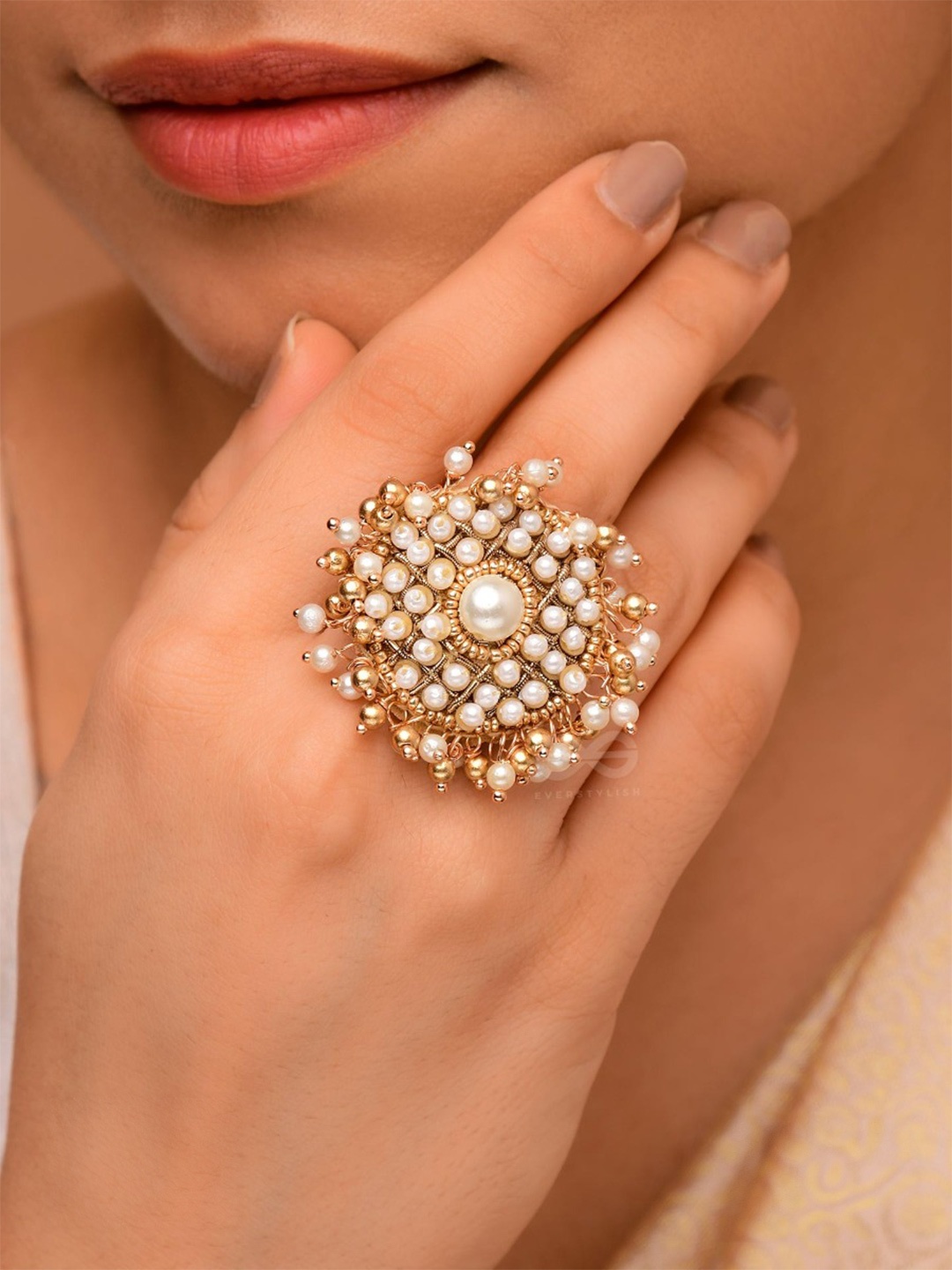 

EVERSTYLISH Sanjoya Pearl & Beads Embroidered GoldenAdjustable Finger Ring, Gold