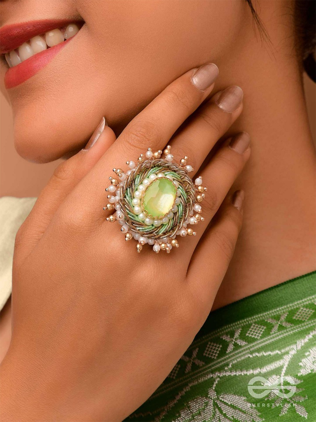 

EVERSTYLISH Sanjoya Stone & Beads Embroidered Adjustable Finger Ring, Gold