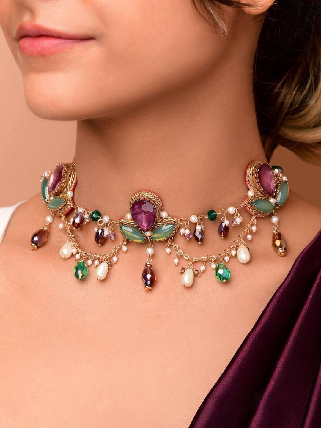 

EVERSTYLISH Sanjoya Stones, Beads, Glass & Pearl Drop Embroidered Neckpiece, Gold