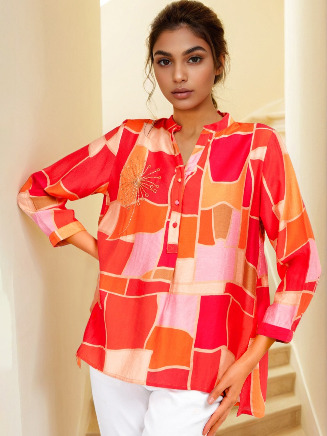 Dora Dori Embellished Mandarin Collar Top, Multi