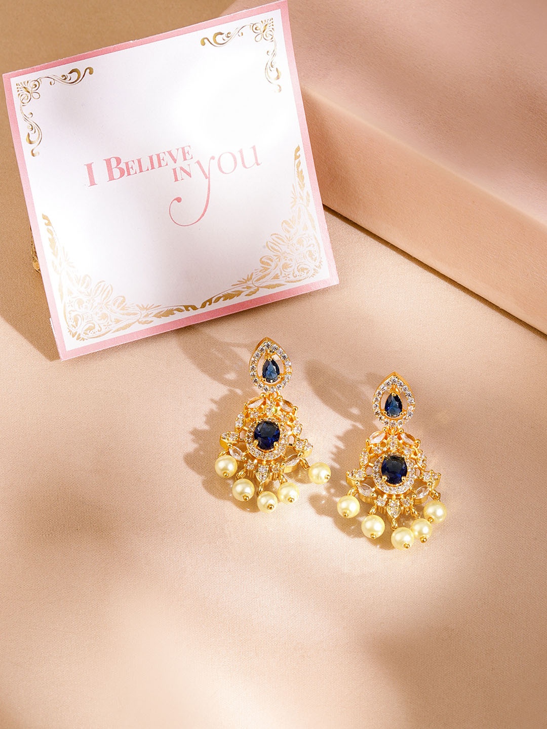 

Rubans Valentine's 18K Gold Plated Blue Sapphire & CZ Beaded Handcrafted Drop Earrings