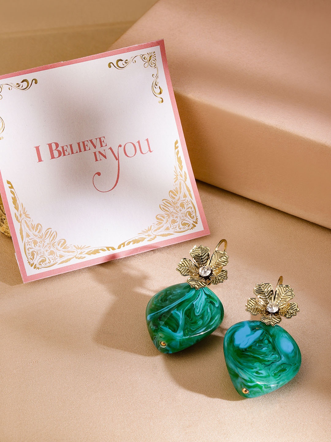 

Rubans Valentine's Voguish Gold Plated Floral Top ZirconHeart Gemstone Drop Earrings