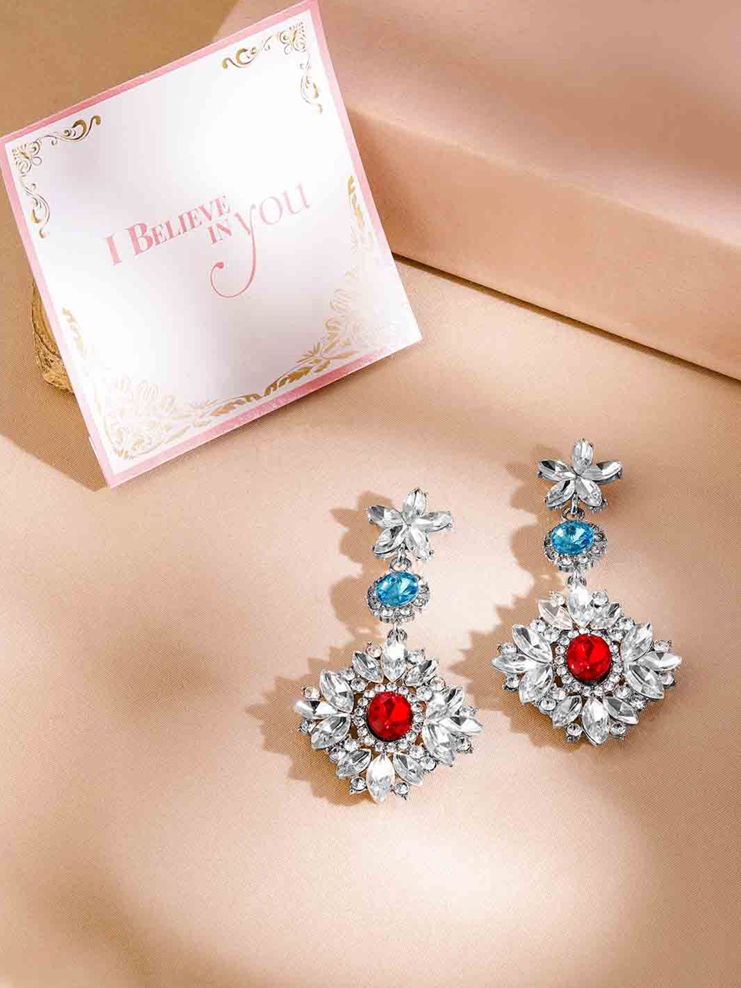 

Rubans Valentine's Voguish Silver-Plated Crystal Studded Geometric Drop Earrings
