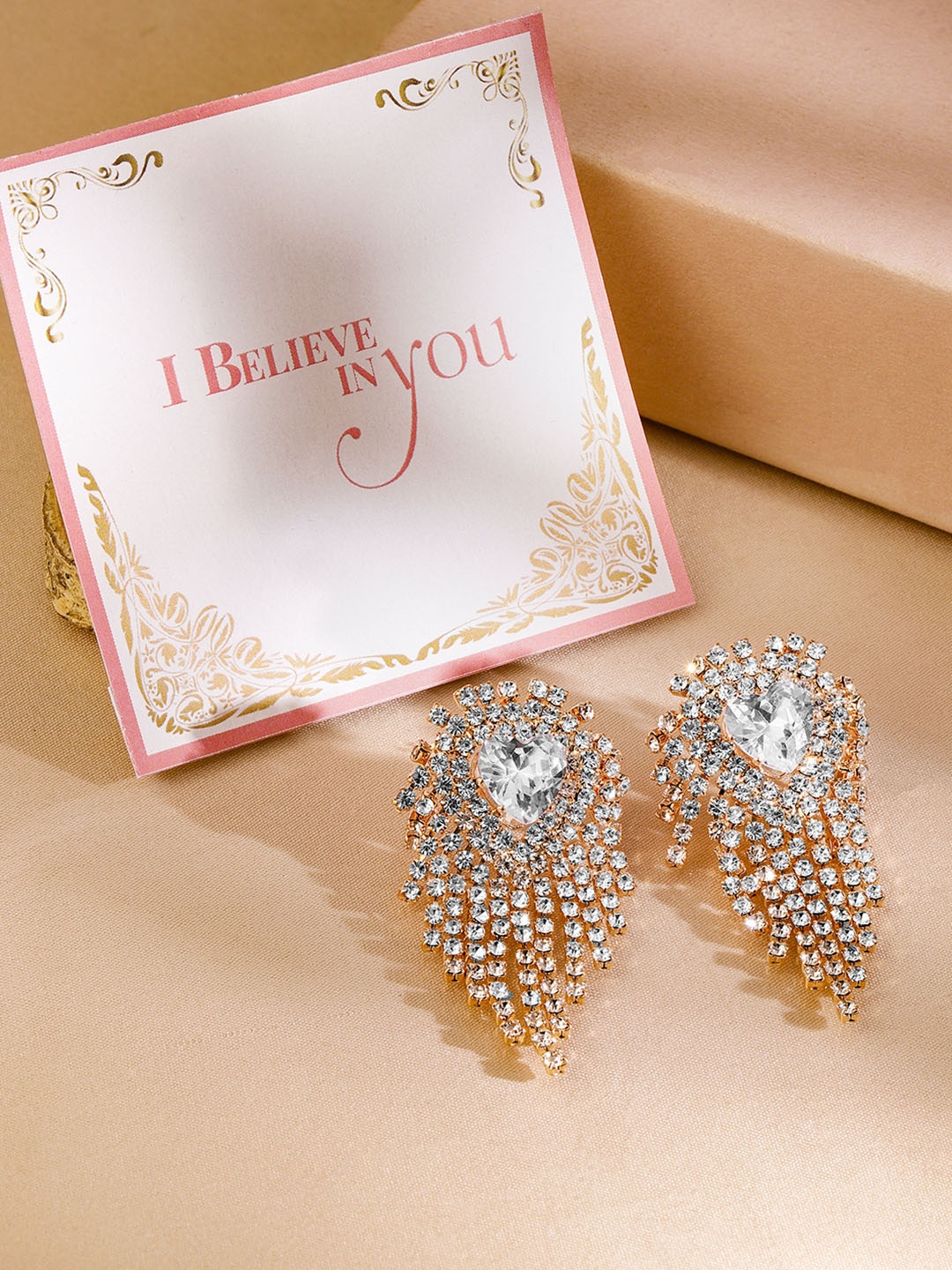 

Rubans Valentine's 18K Gold-Plated Crystals Studded Heart Shaped Drop Earrings