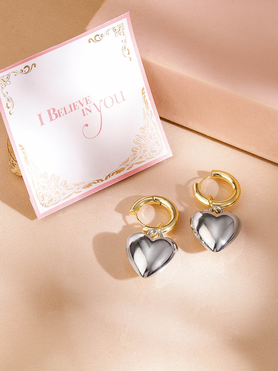 

Rubans Valentine's Dual Tone Gold & Silver-Plated Heart Charm Hoop Earrings