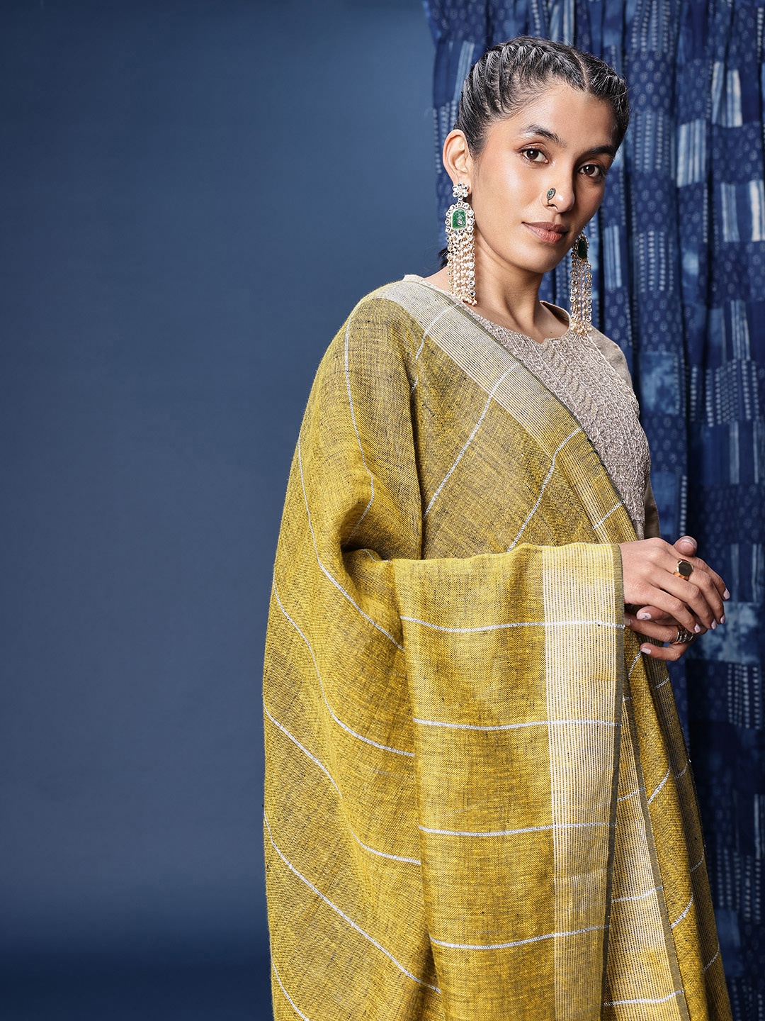 

Taavi Striped Linen Dupatta with Sequined & Tasselled Details, Mustard