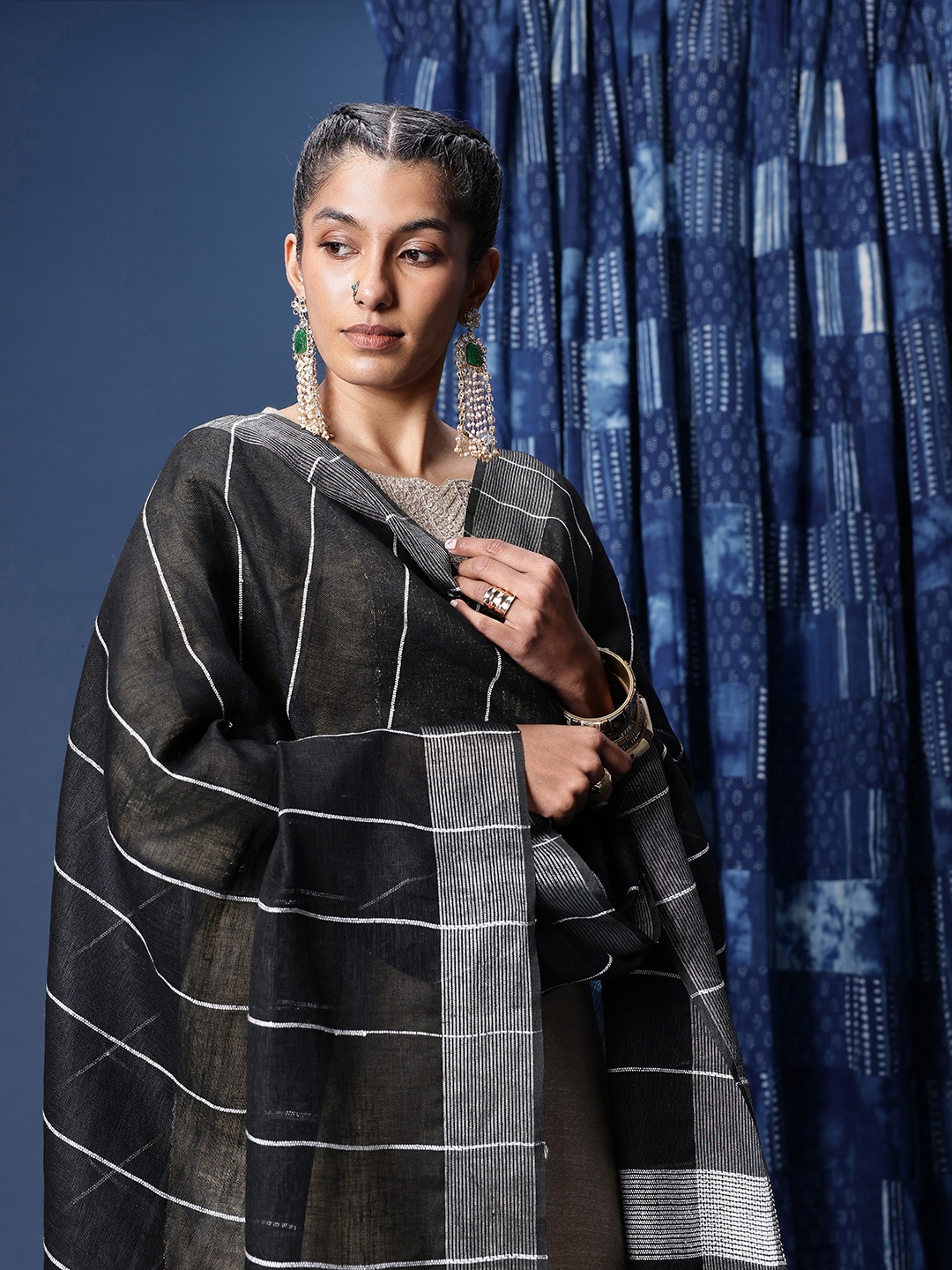 

Taavi Striped Linen Dupatta with Sequined & Tasselled Details, Black