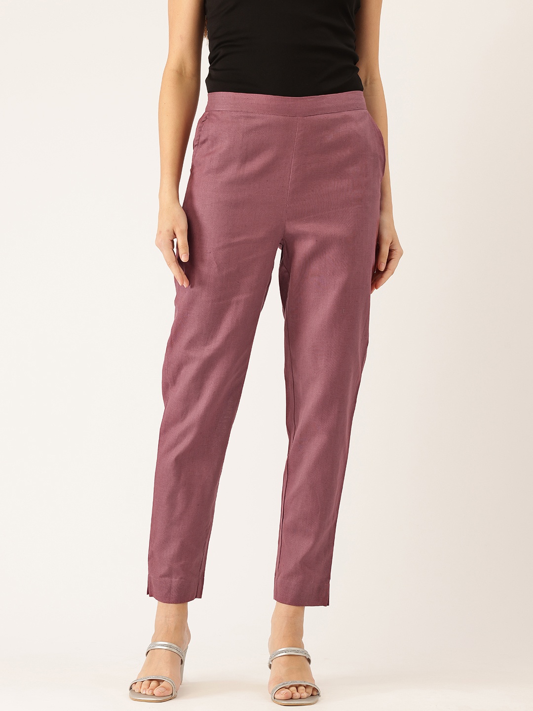 

FERANOID Women Original Straight Fit High-Rise Easy Wash Pure Cotton Trousers, Mauve