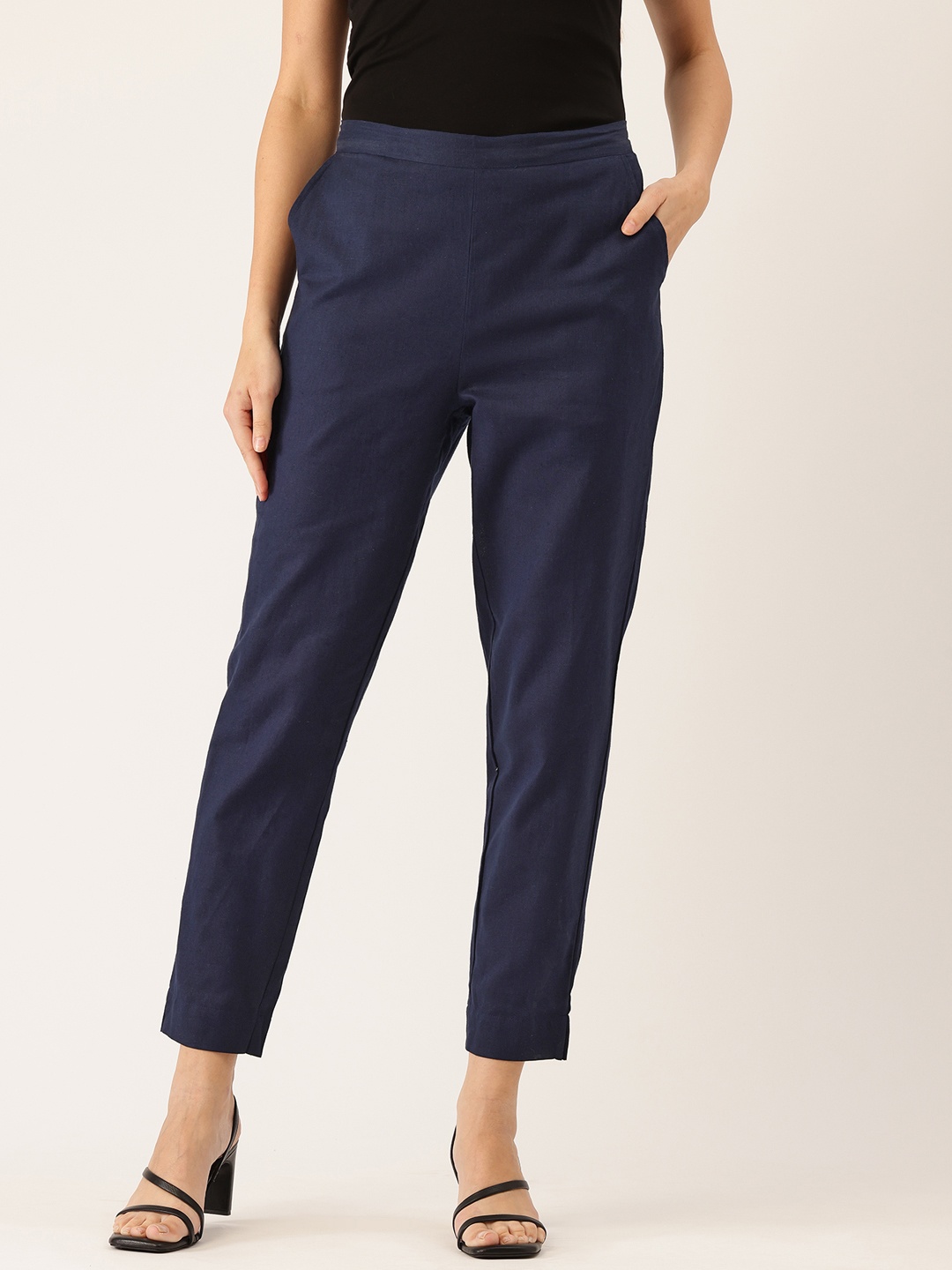 

FERANOID Women Original Straight Fit High-Rise Easy Wash Pure Cotton Trousers, Navy blue