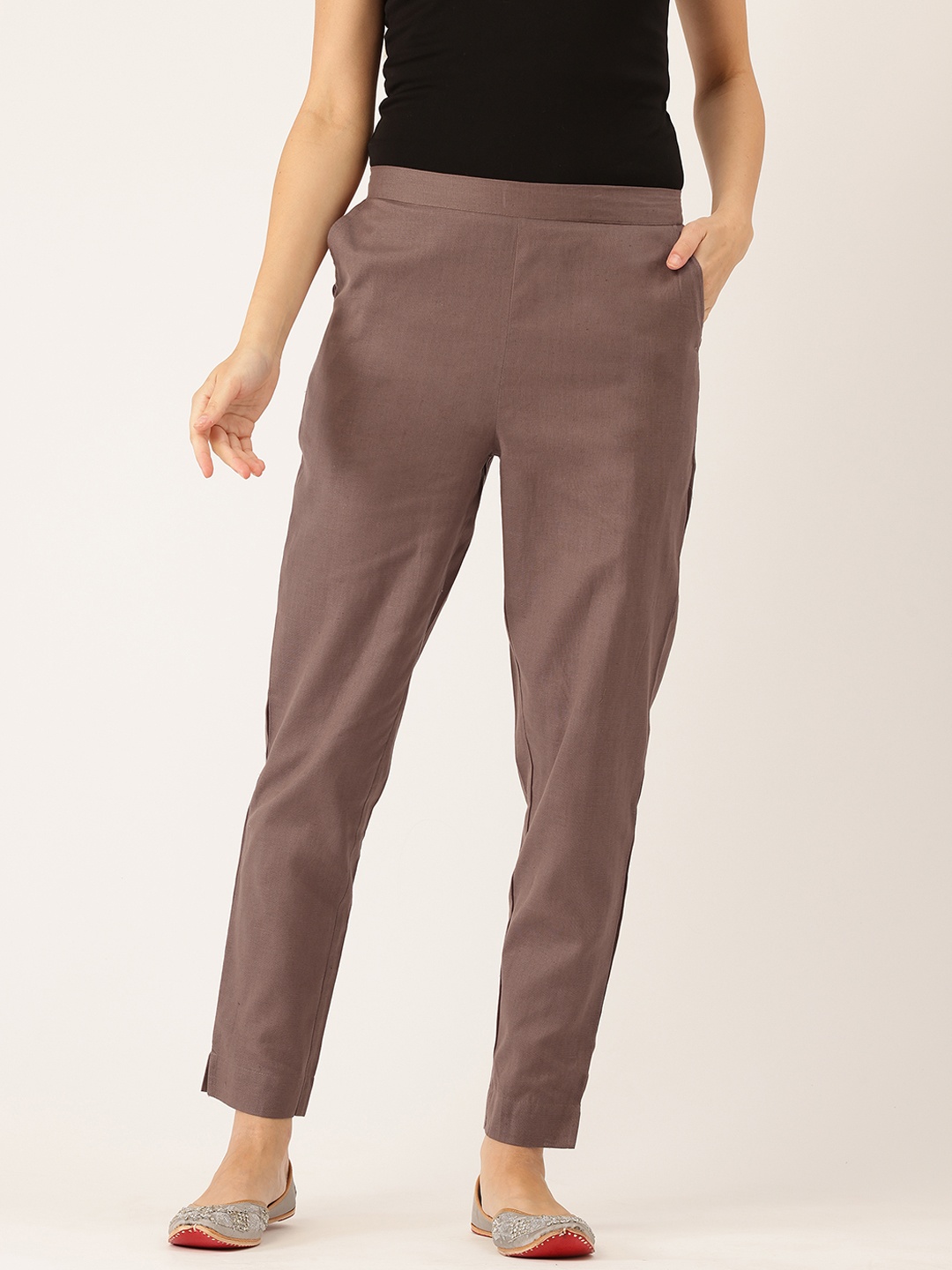 

FERANOID Women Original Straight Fit High-Rise Easy Wash Pure Cotton Trousers, Brown