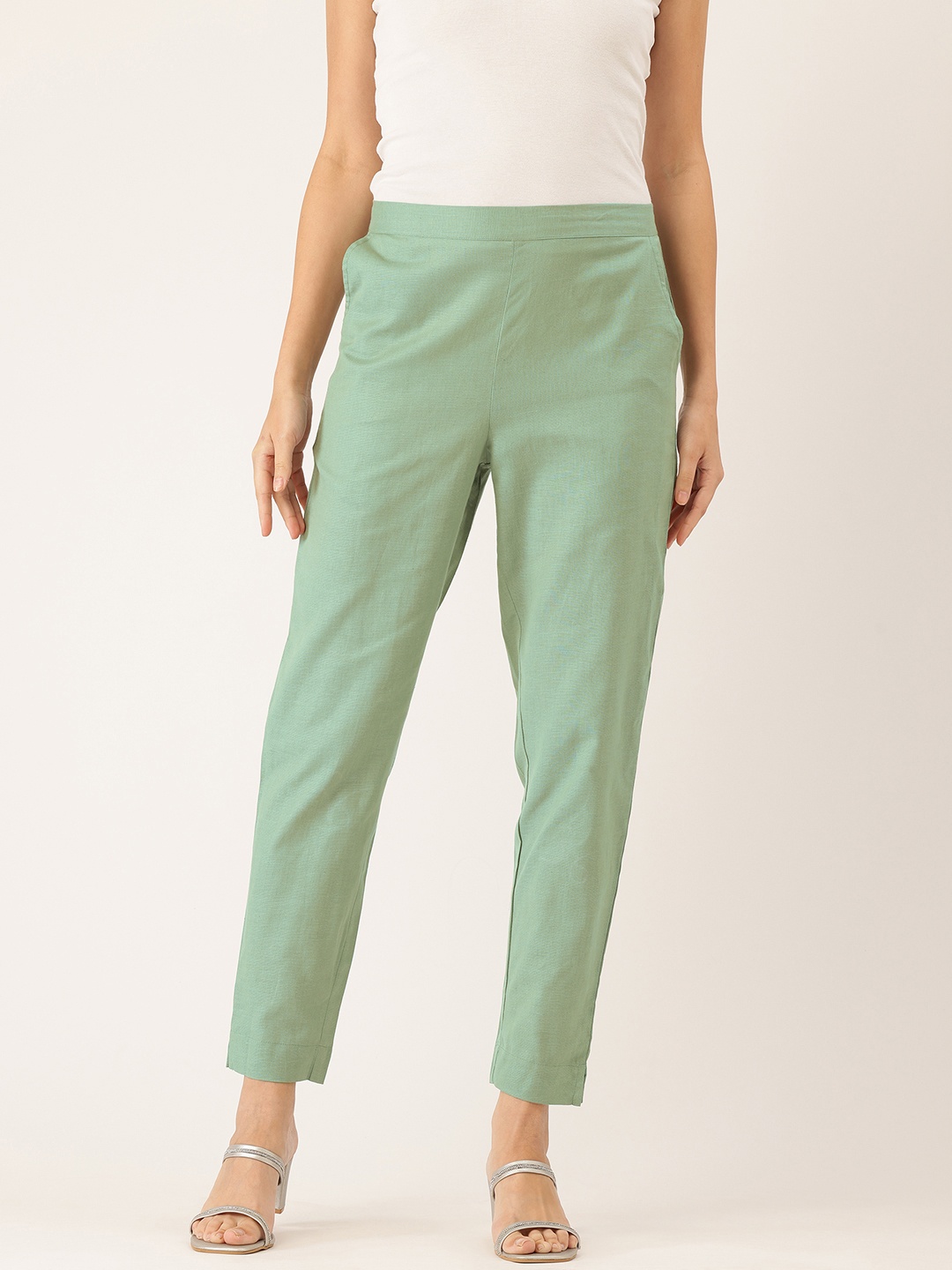 

FERANOID Women Original Straight Fit High-Rise Easy Wash Pure Cotton Trousers, Green