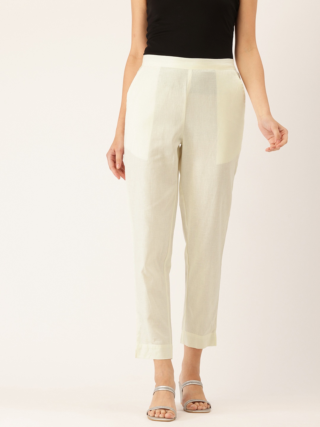 

FERANOID Women Original Straight Fit High-Rise Easy Wash Pure Cotton Trousers, Cream