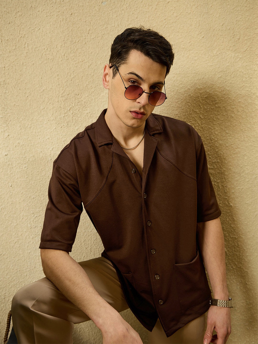

DENNISON Men Resort Wear Drop Shoulder Oversized Casual Shirt, Brown