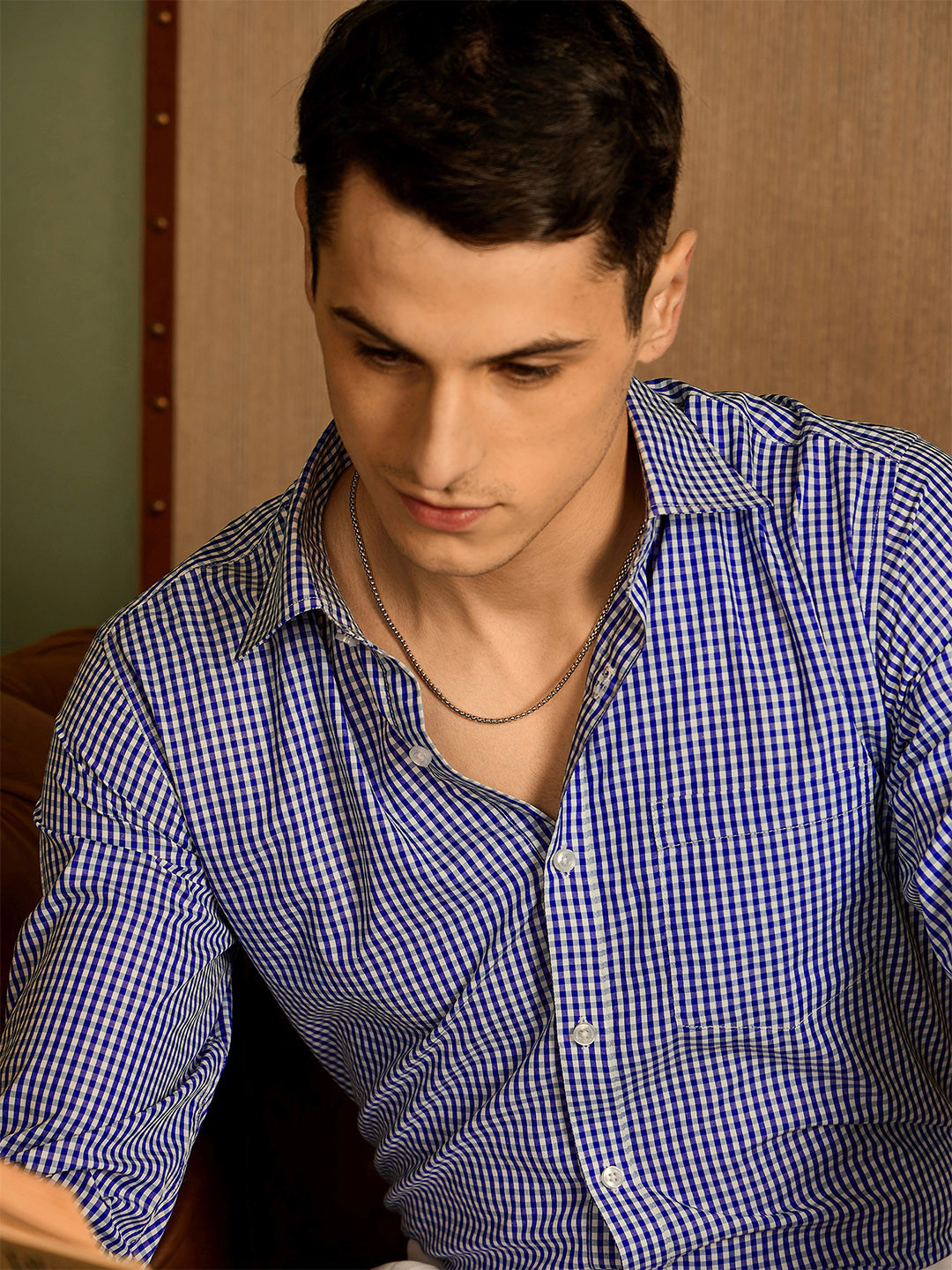 

DENNISON Men Micro Checked Spread Collar Formal Shirt, Blue