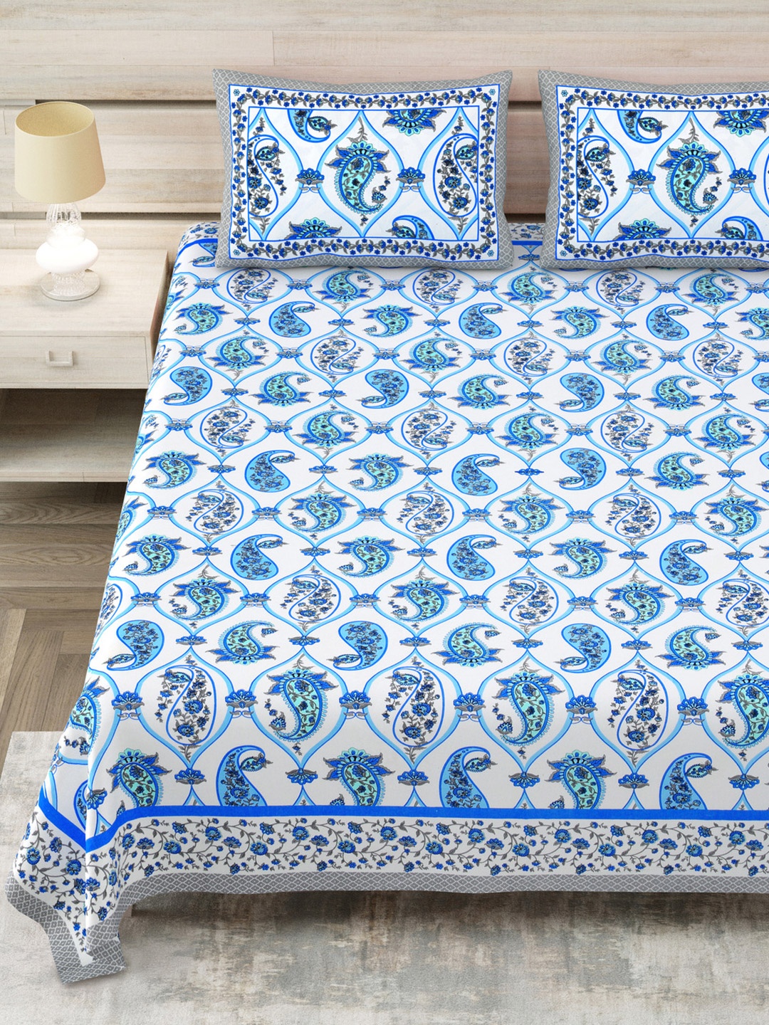 

Aapno Rajasthan Blue Paisley Printed 144 TC Pure Cotton King Bedsheet Set 2.74m x 2.74m