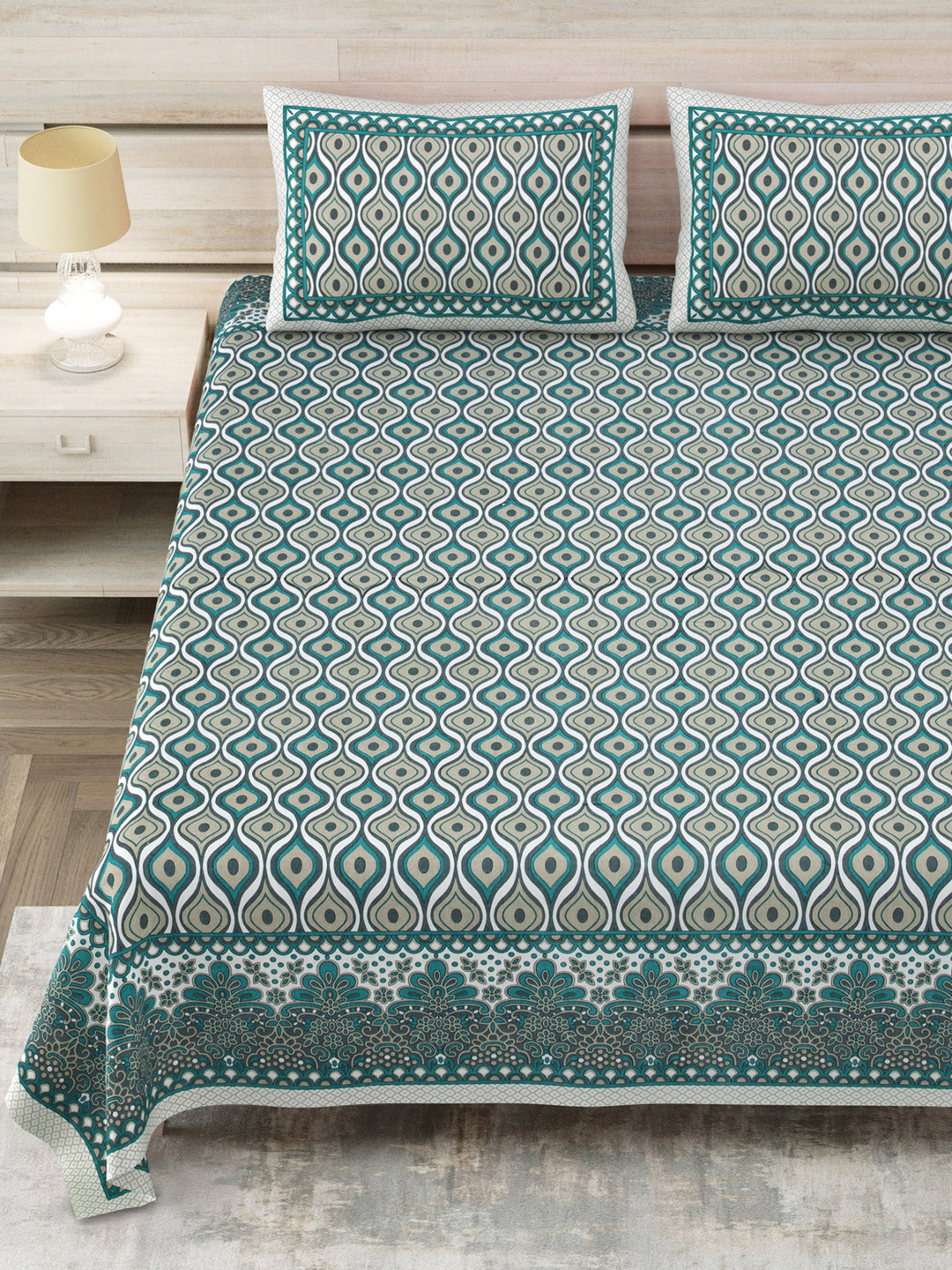 

Aapno Rajasthan Green Geometric Printed Pure Cotton 144 TC King Bedsheet Set 2.74m x 2.74m
