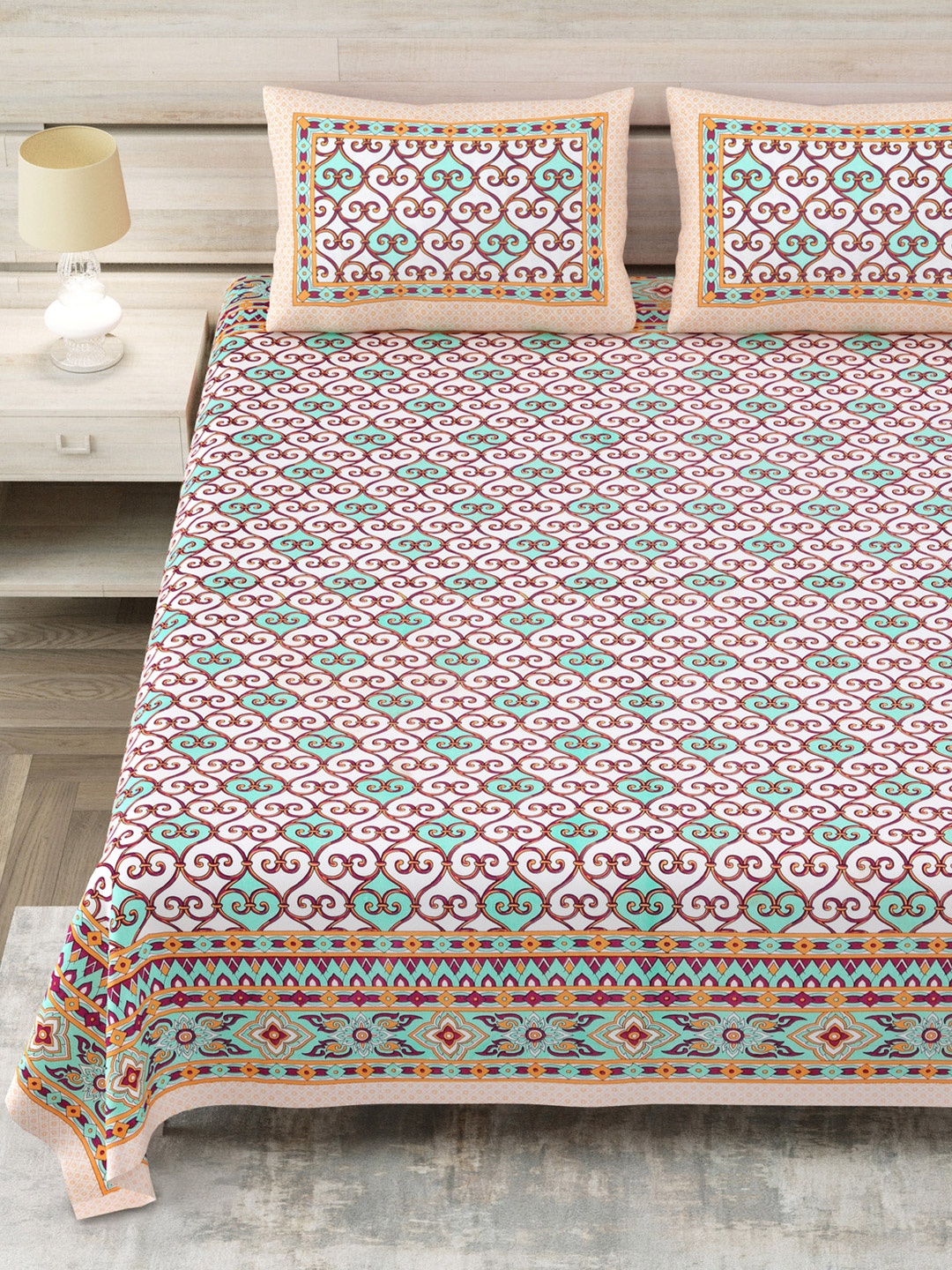 

Aapno Rajasthan White Geometric Printed Pure Cotton 144 TC King Bedsheet Set 2.74m x 2.74m